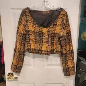 Vintage Karen Zambos wool mustard plaid cropped jacket with tags